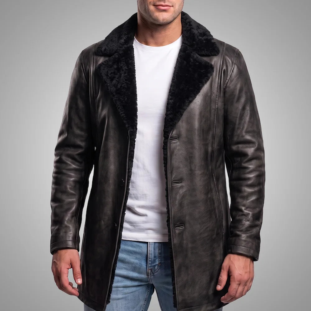 Men's Distressed Sheepskin Leather Fur Coat | Black