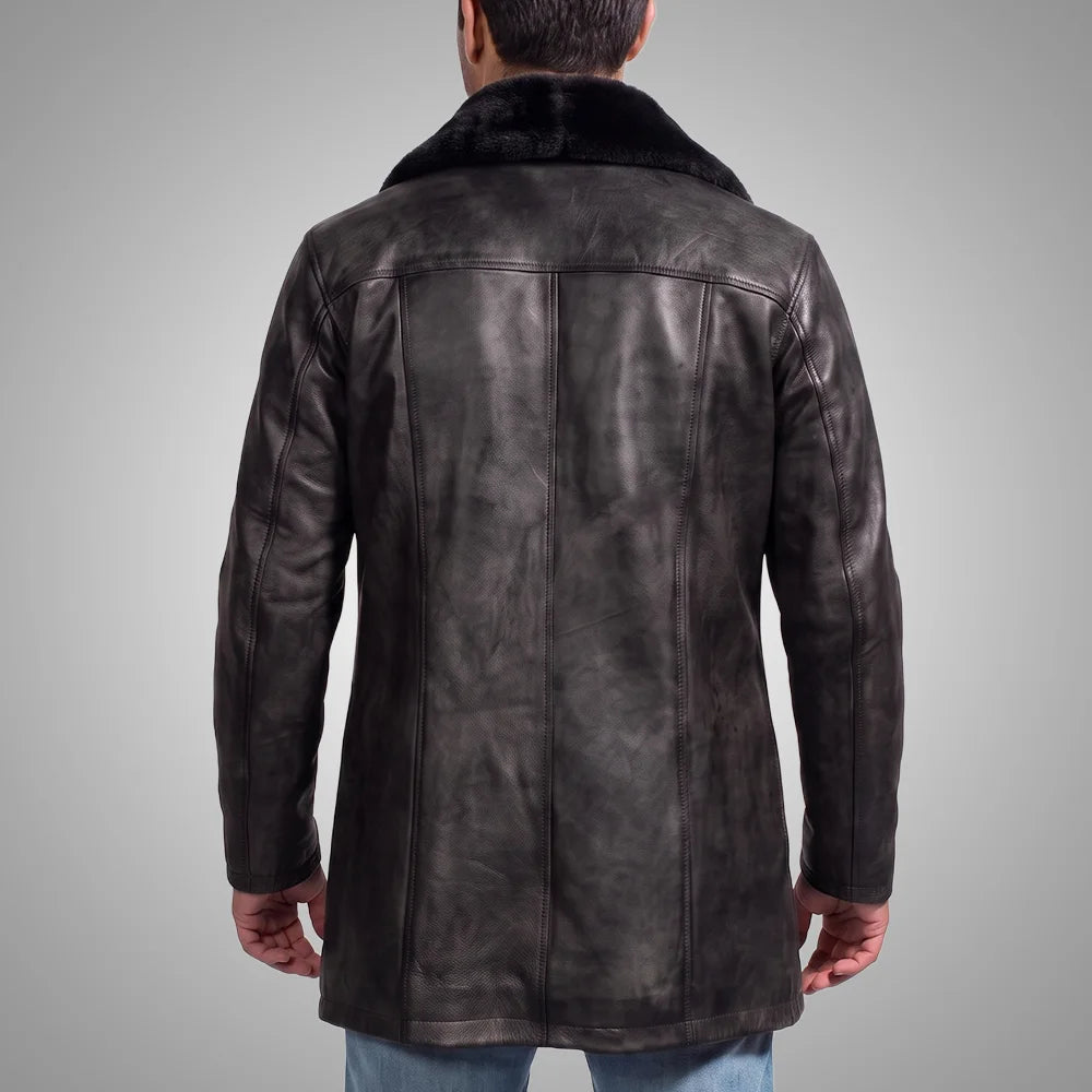 Men's Distressed Sheepskin Leather Fur Coat | Black