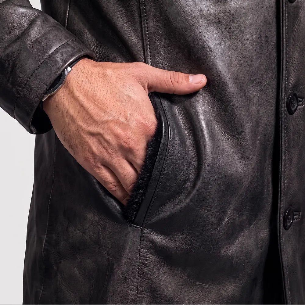 Men's Distressed Sheepskin Leather Fur Coat | Black