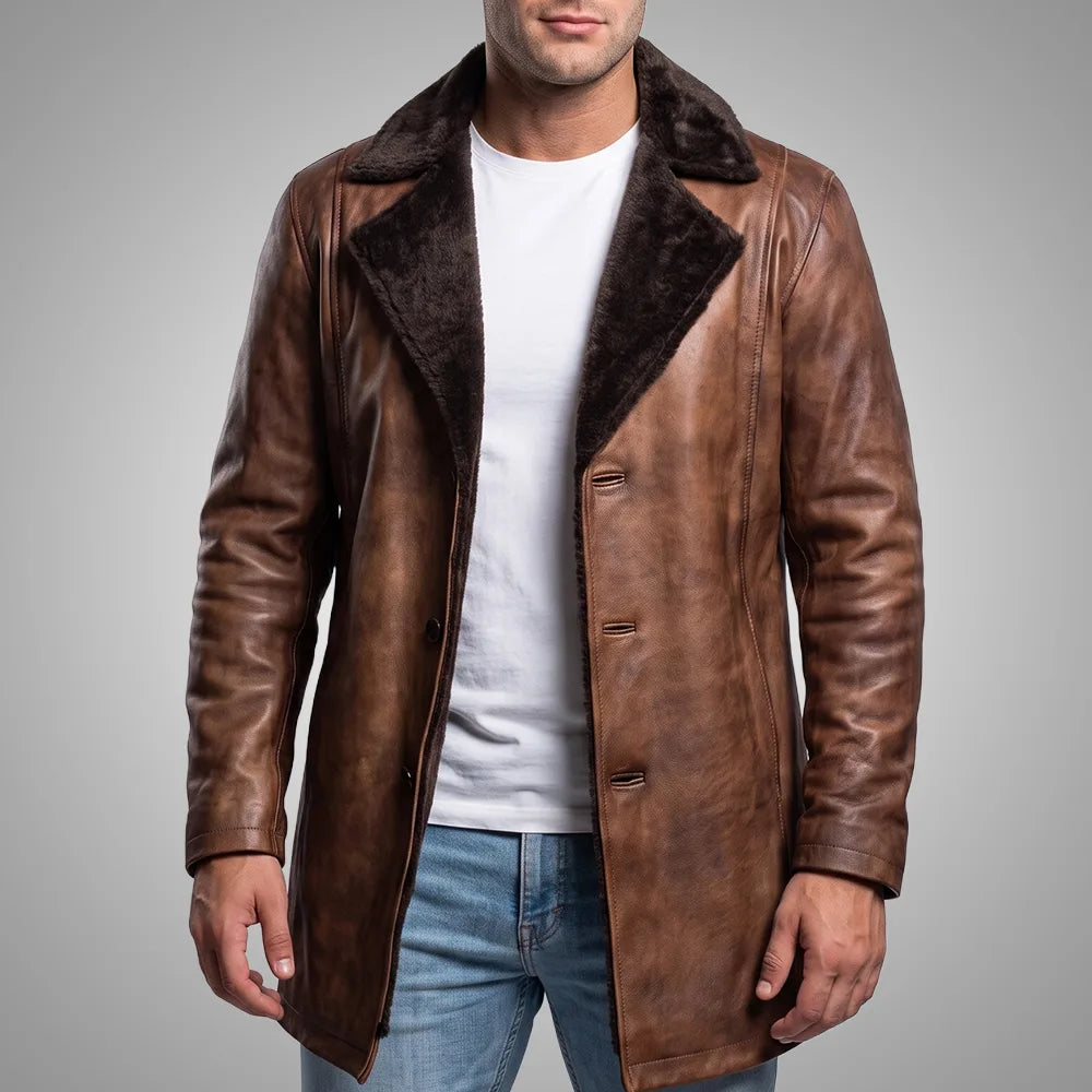 Men's Distressed Sheepskin Leather Fur Coat | Brown