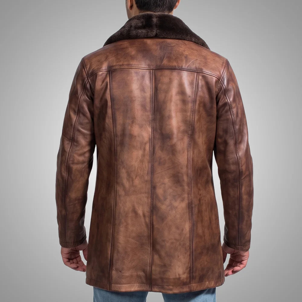 Men's Distressed Sheepskin Leather Fur Coat | Brown