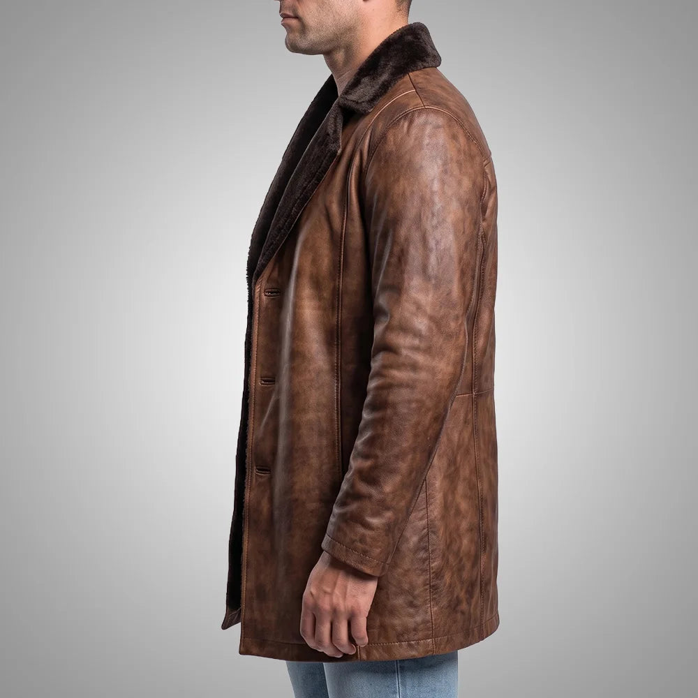 Men's Distressed Sheepskin Leather Fur Coat | Brown