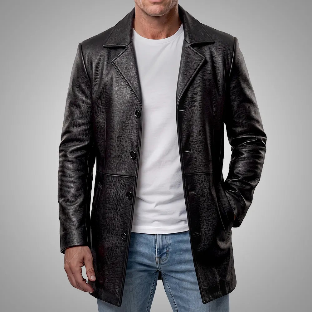 Men's Black Cowhide Leather Coat | Notch Collar
