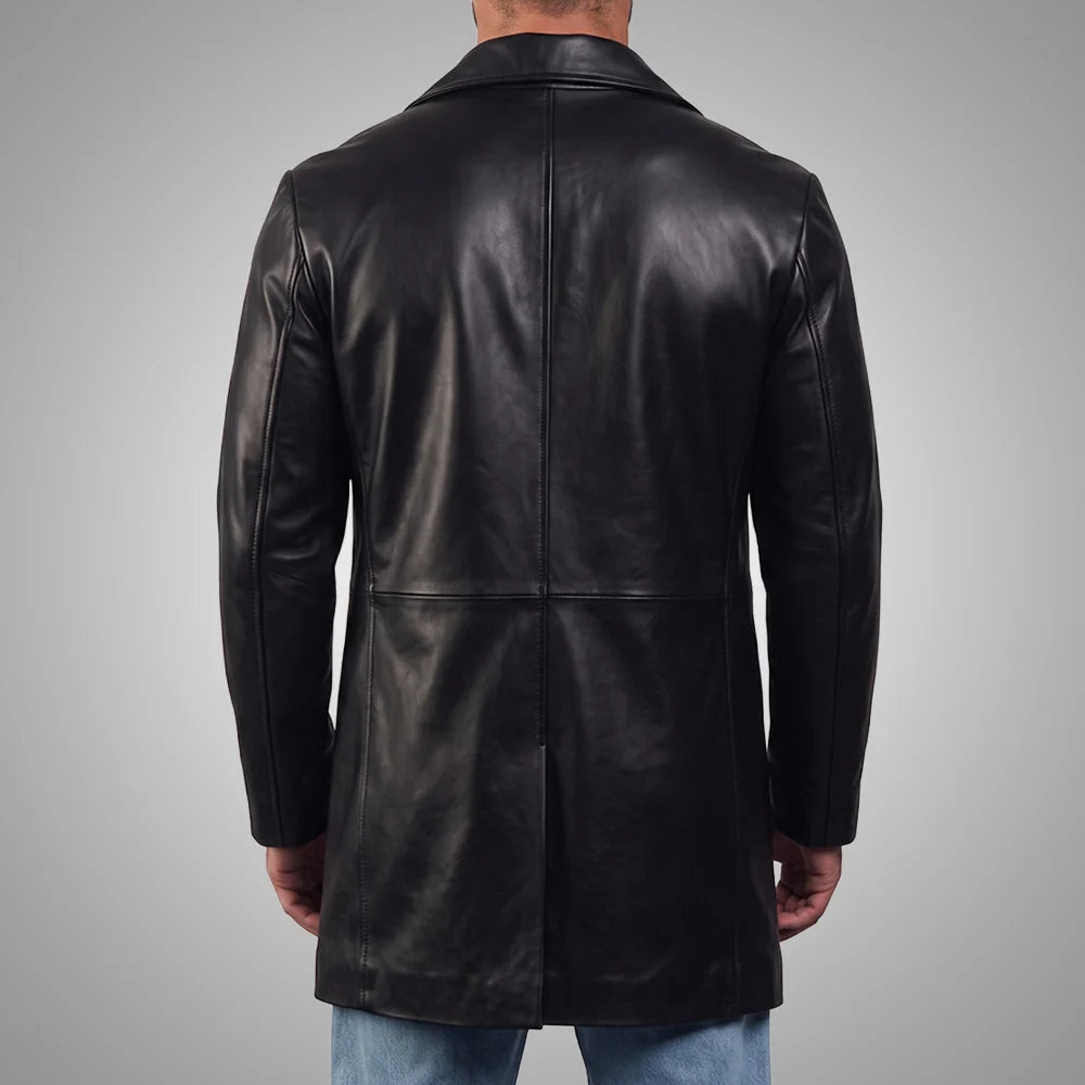 Men's Black Cowhide Leather Coat | Notch Collar