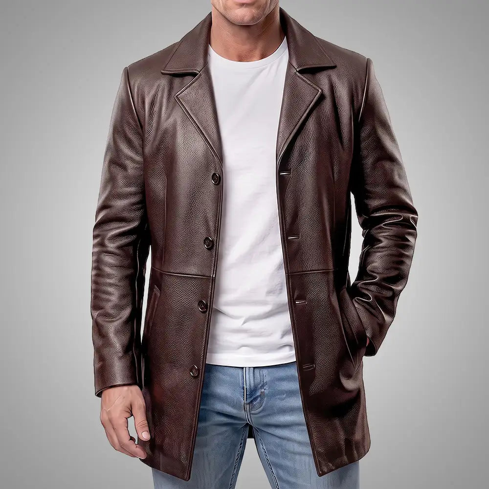 Men's Brown Cowhide Leather Coat | Notch Collar