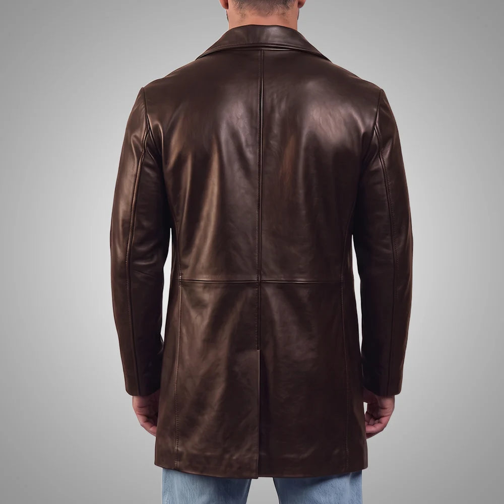 Men's Brown Cowhide Leather Coat | Notch Collar