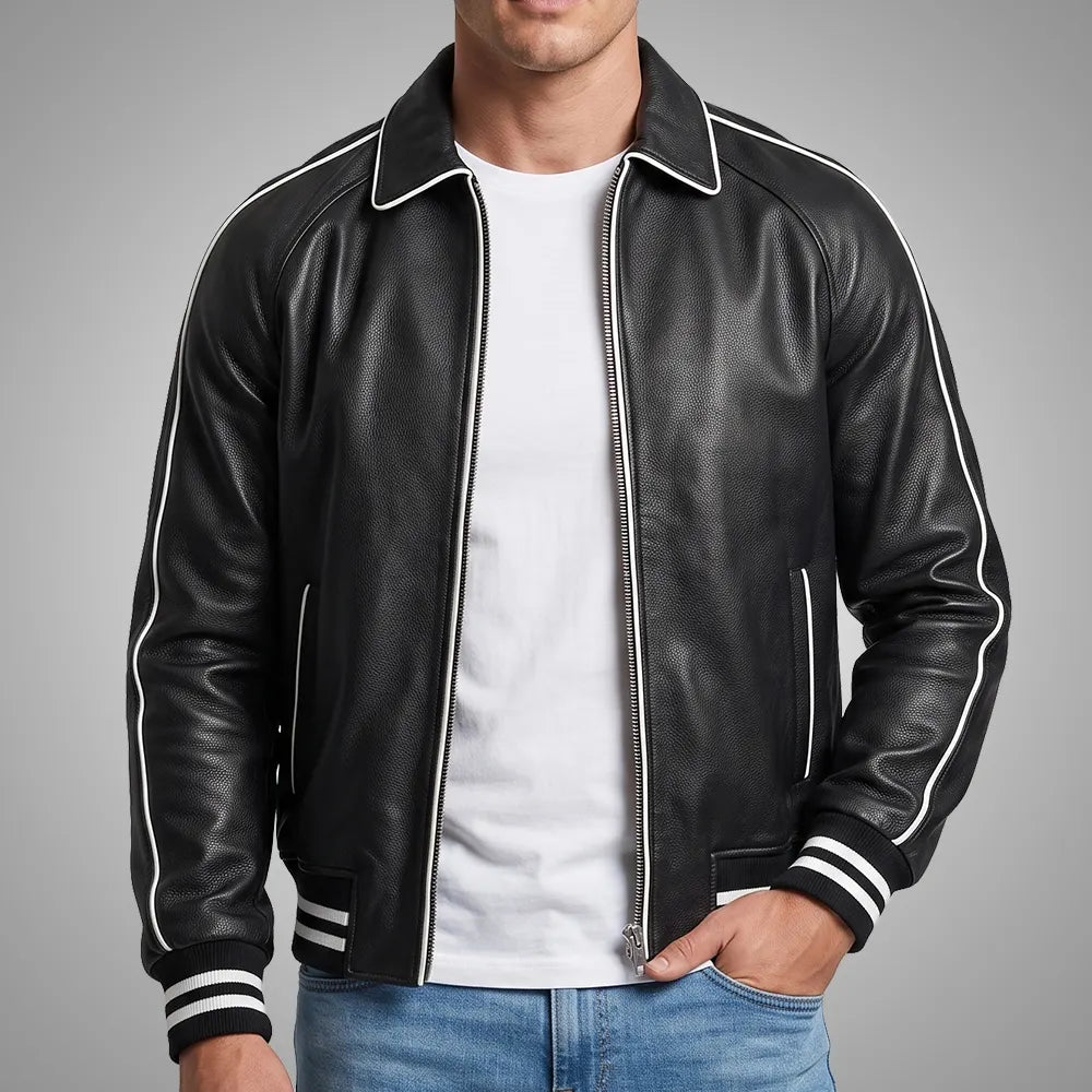 Walton Black Men's Leather Varsity Jacket | Real Sheepskin Jacket