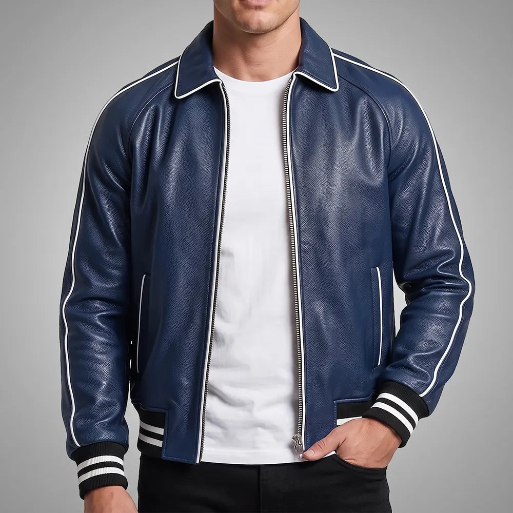 Walton Blue Men's Leather Varsity Jacket | Real Sheepskin Jacket