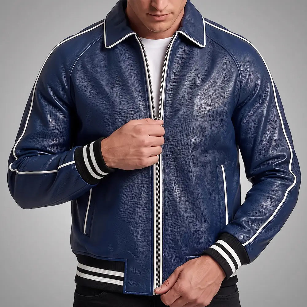 Walton Blue Men's Leather Varsity Jacket | Real Sheepskin Jacket