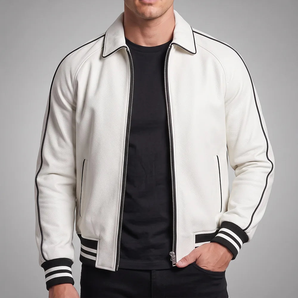 Walton White Men's Leather Varsity Jacket | Real Sheepskin Jacket