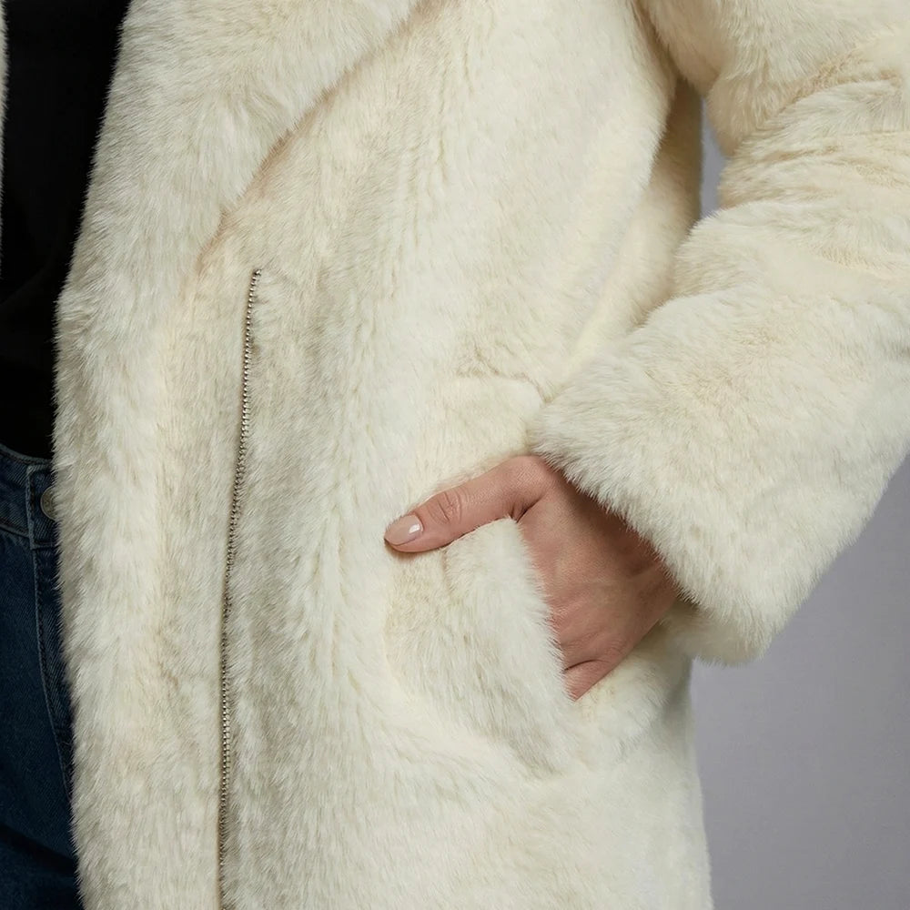 Cream Faux Fur Collar Padded Longline Jacket