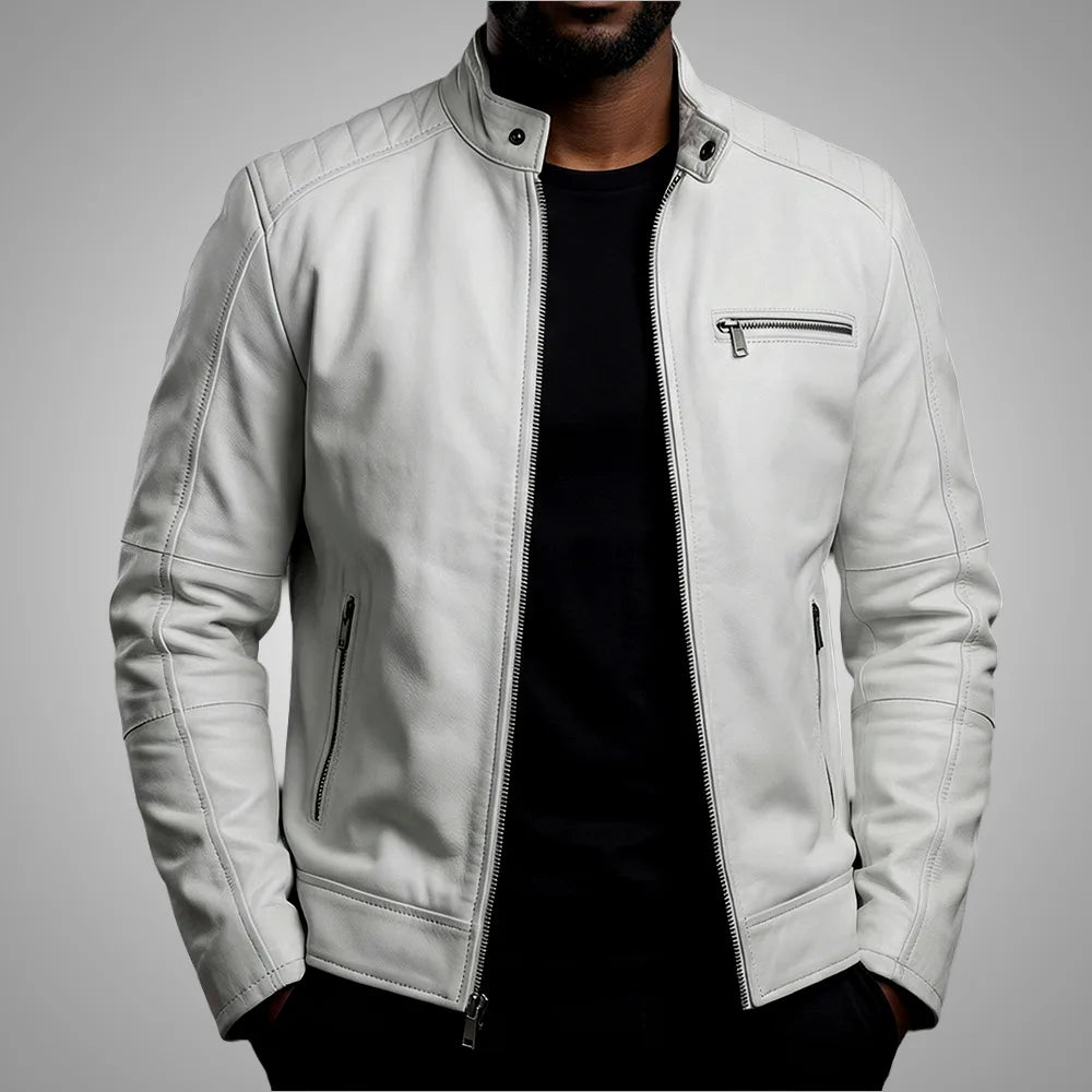 Handmade Men's Cowhide White Biker Leather Jacket