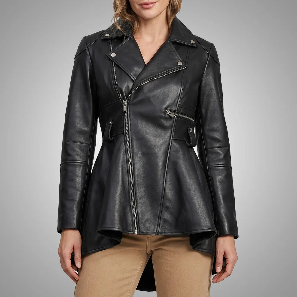 Women's Black Peplum Leather Jacket - Lambskin