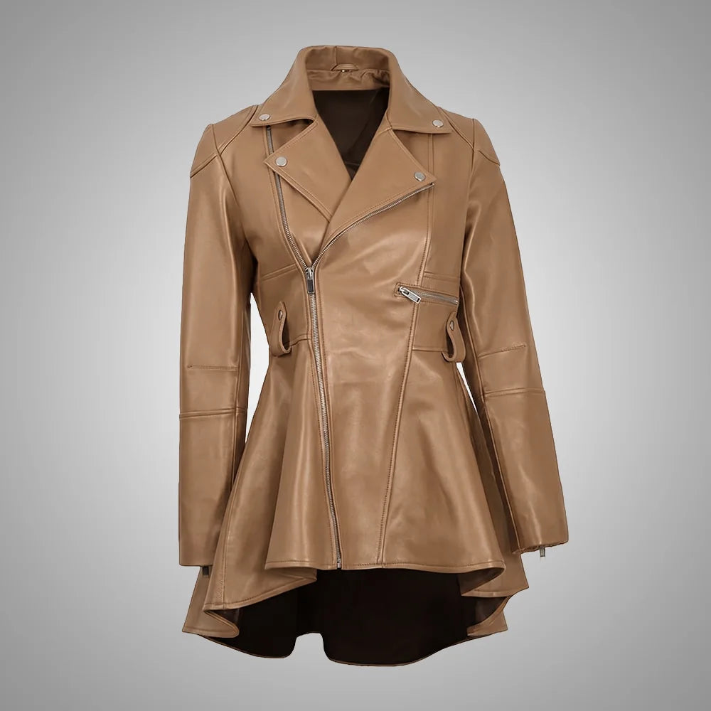 Women's Honey Beige Peplum Leather Jacket - Lambskin
