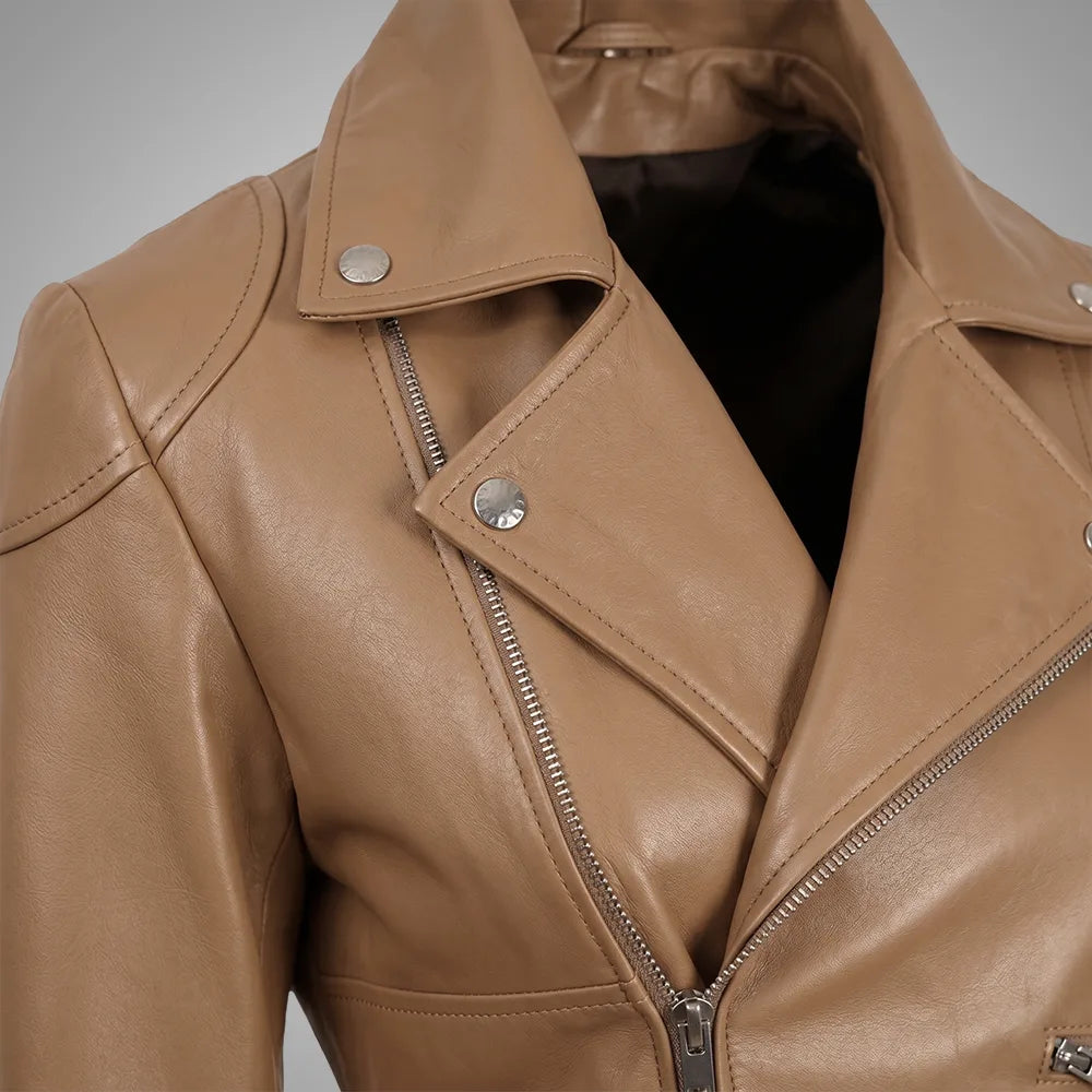 Women's Honey Beige Peplum Leather Jacket - Lambskin