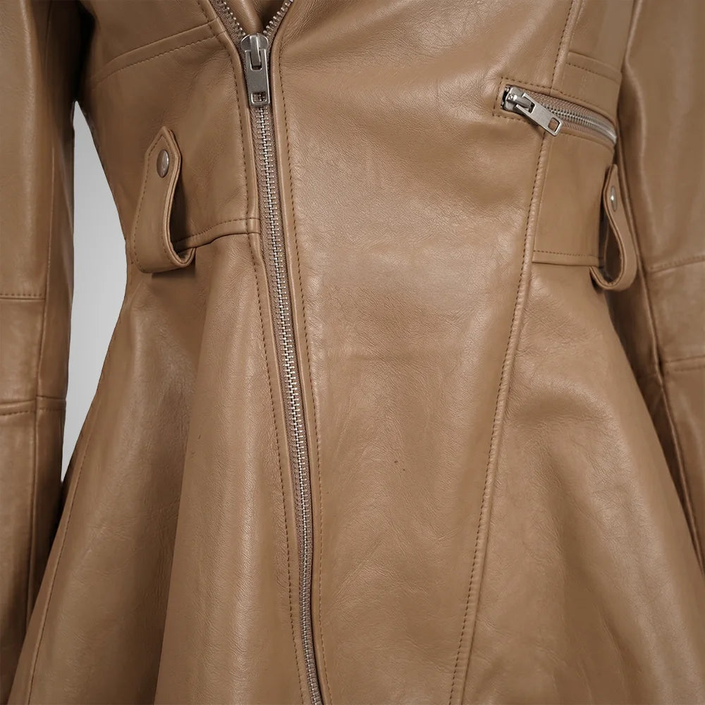 Women's Honey Beige Peplum Leather Jacket - Lambskin