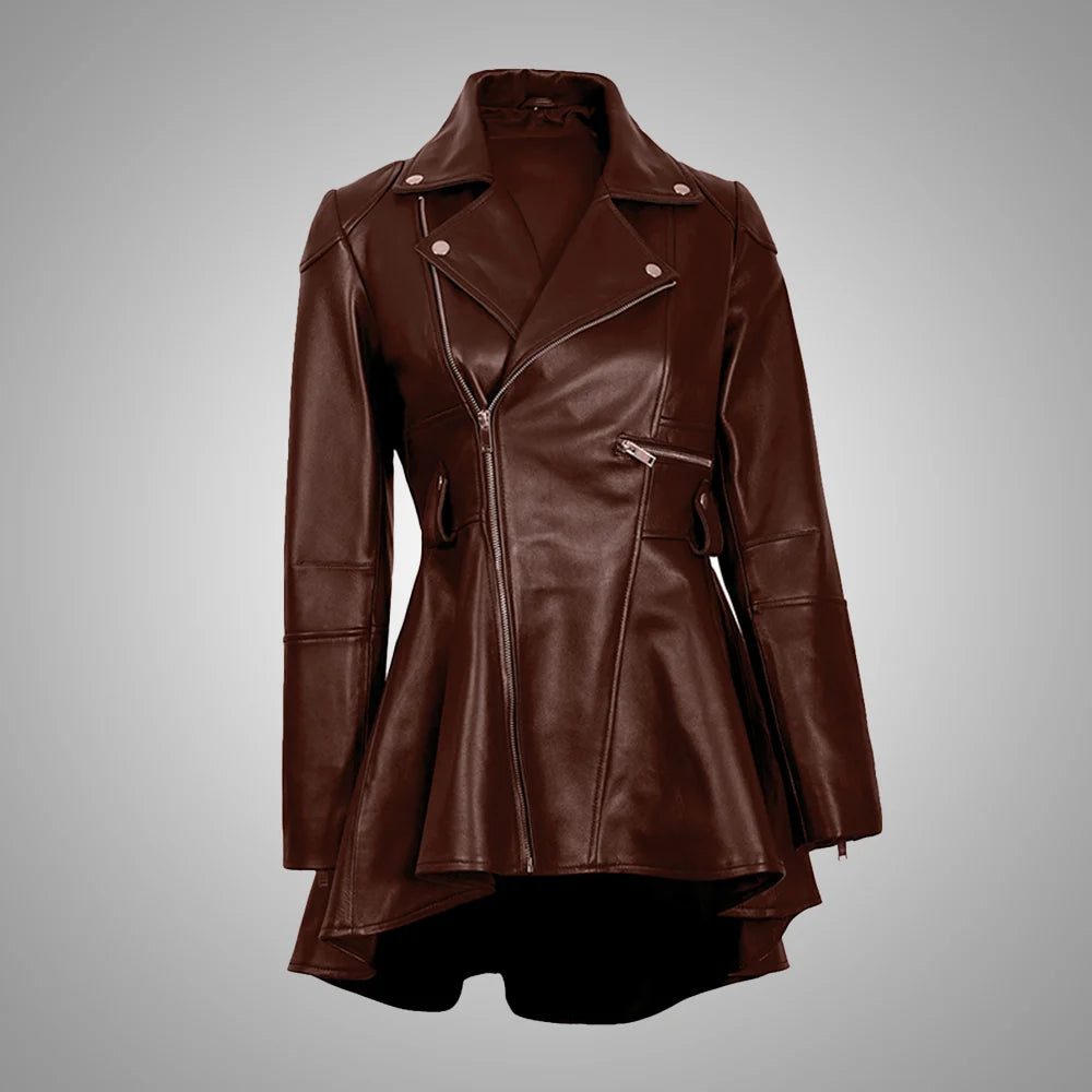 Aurora Women’s Brown Peplum Leather Jacket