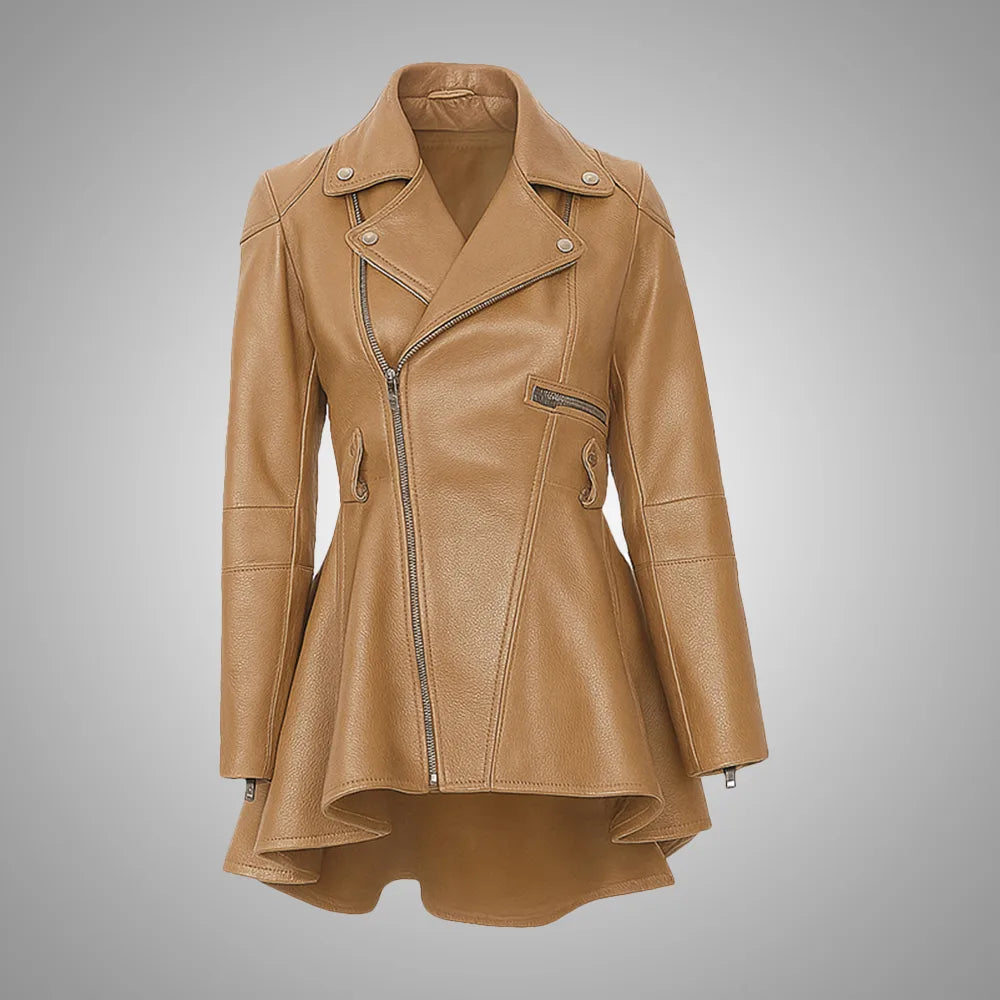 Aurora Women’s Honey Beige Peplum Leather Jacket