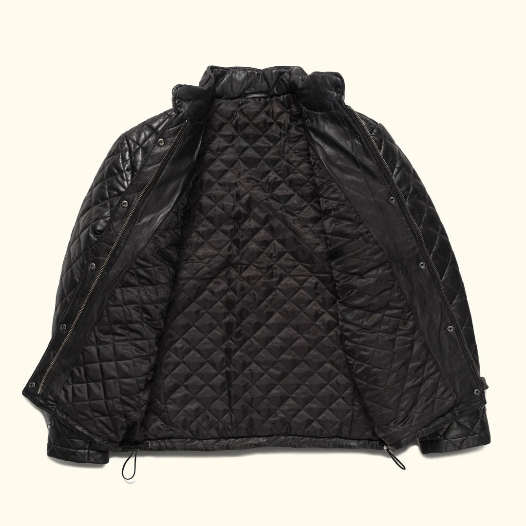 Black quilted jacket on a white background