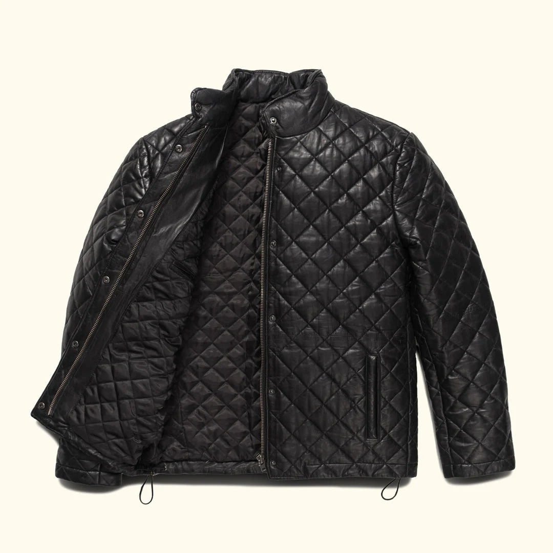 Black quilted jacket on a white background