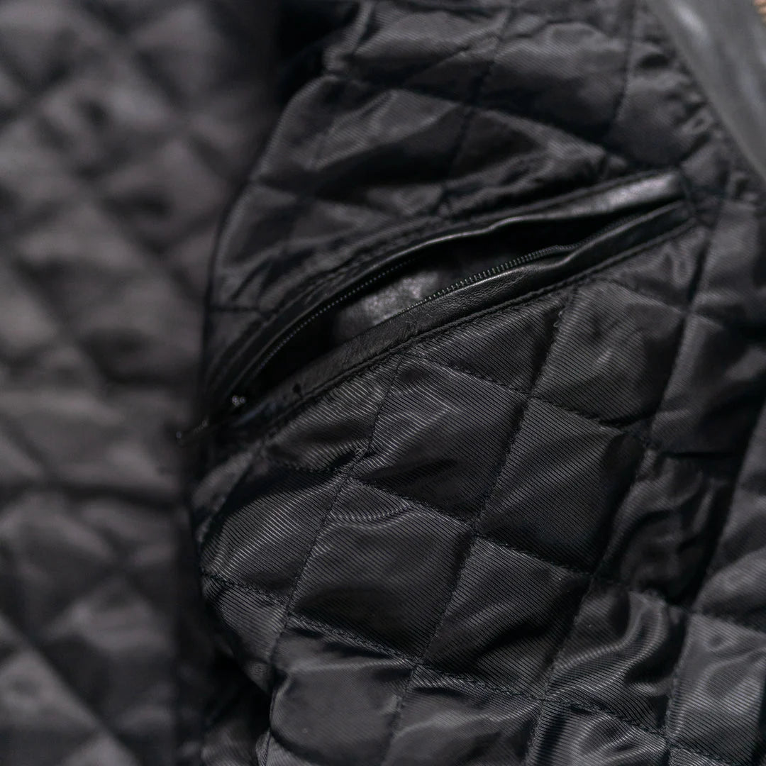 Close-up of a black quilted jacket with zipper
