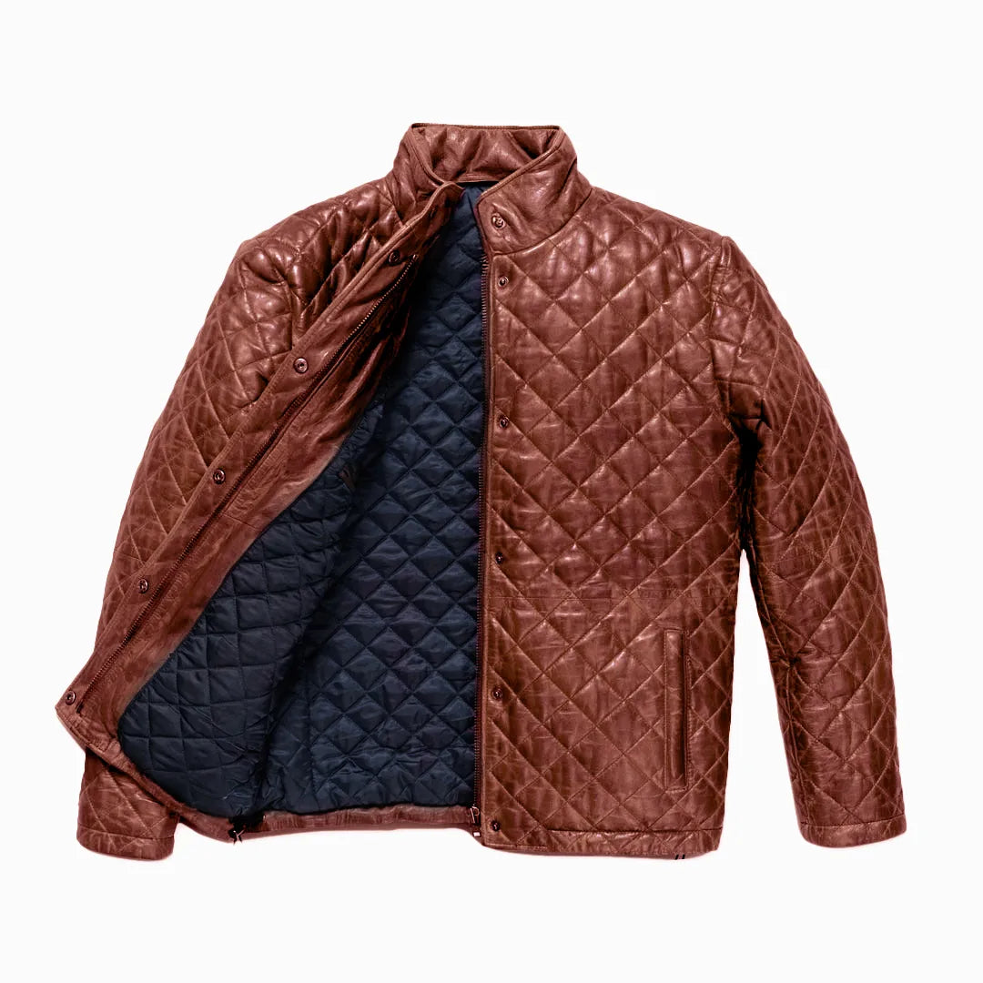 Brown quilted jacket with blue lining on a white background