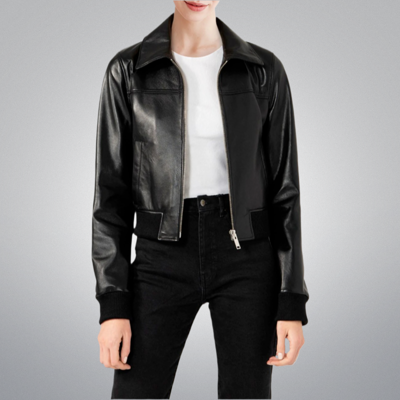 Black Long Collar Bomber Jacket by Cuir Jackets USA