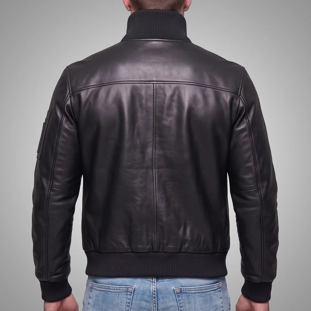 Long Collar Lambskin Leather Jacket - Black