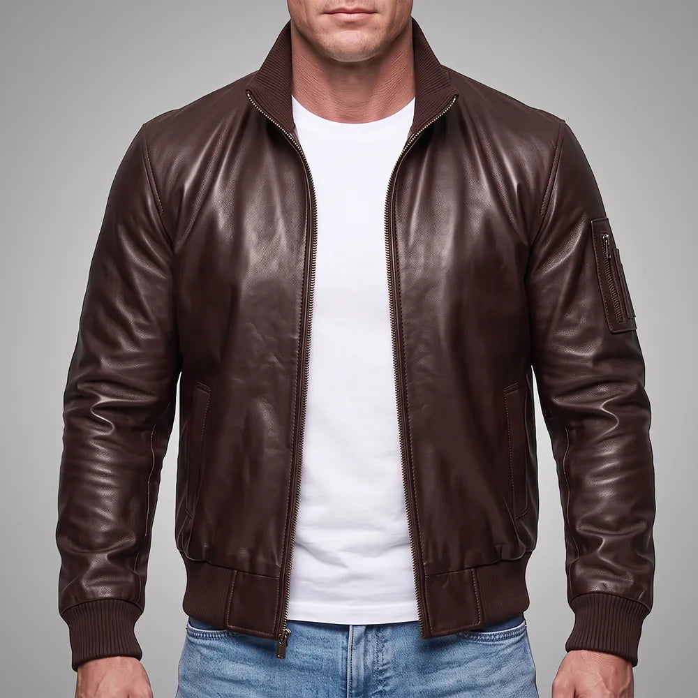 Long Collar Lambskin Leather Jacket - Brown