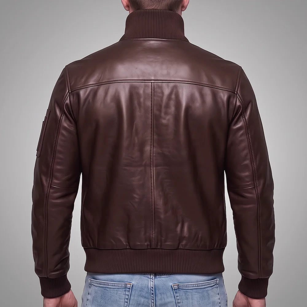 Long Collar Lambskin Leather Jacket - Brown