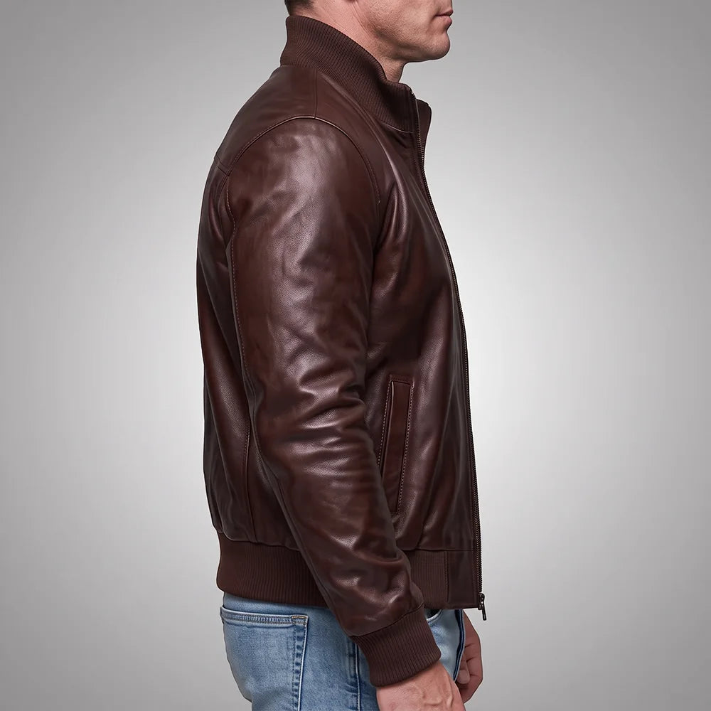 Long Collar Lambskin Leather Jacket - Brown
