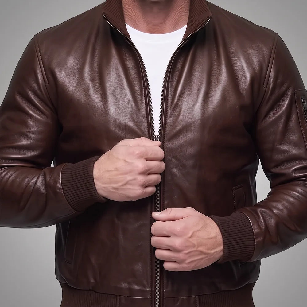 Long Collar Lambskin Leather Jacket - Brown