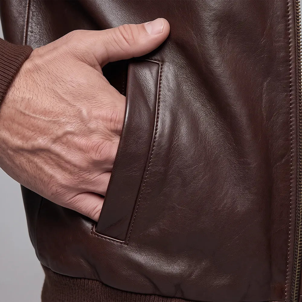 Long Collar Lambskin Leather Jacket - Brown