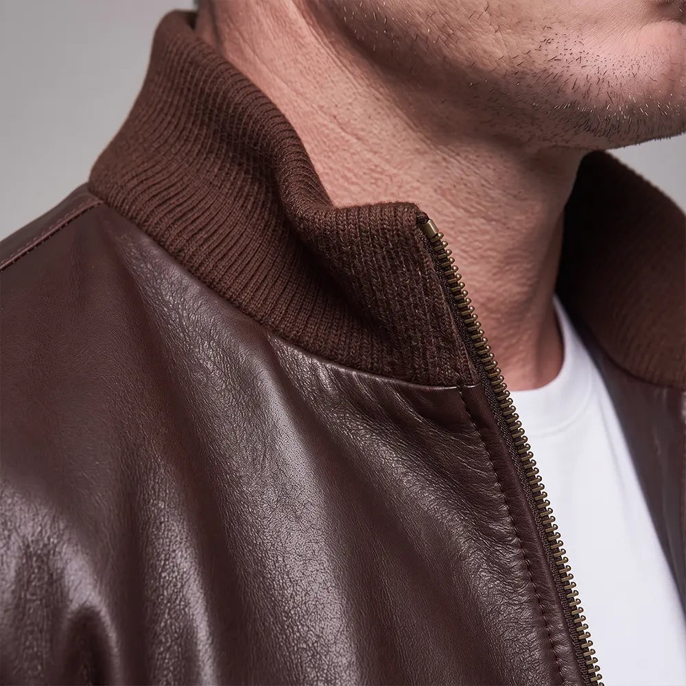 Long Collar Lambskin Leather Jacket - Brown