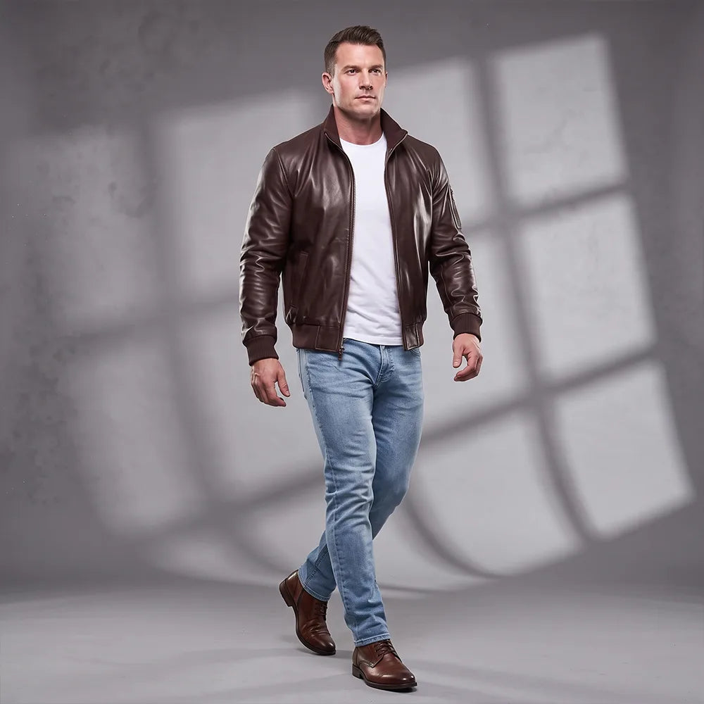 Long Collar Lambskin Leather Jacket - Brown