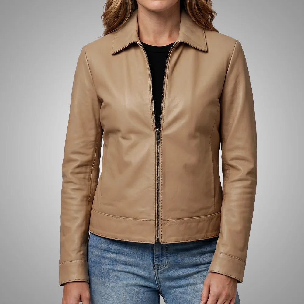 Women's Beige Lambskin Leather Jacket - Long Point Collar