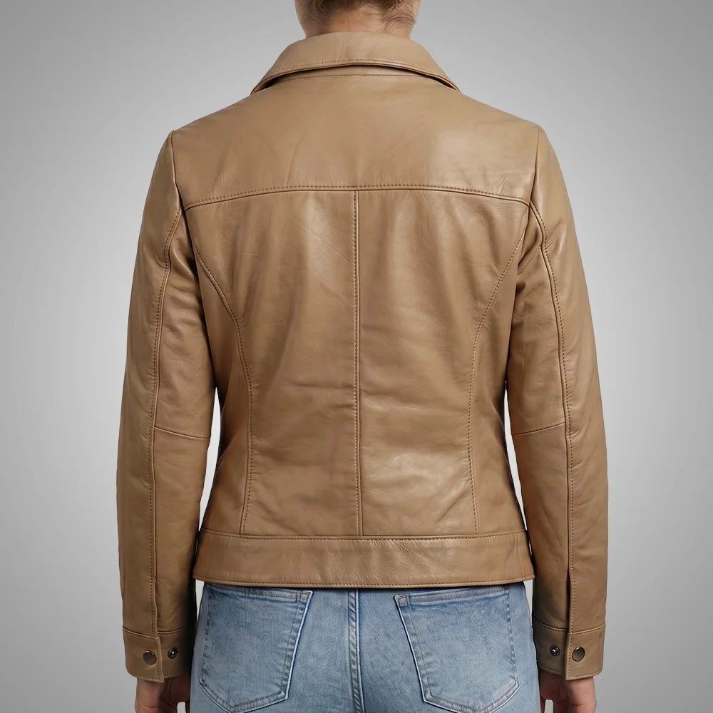 Women's Beige Lambskin Leather Jacket - Long Point Collar