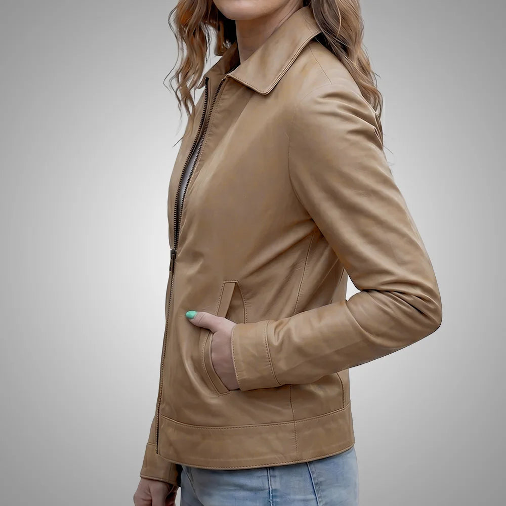 Women's Beige Lambskin Leather Jacket - Long Point Collar