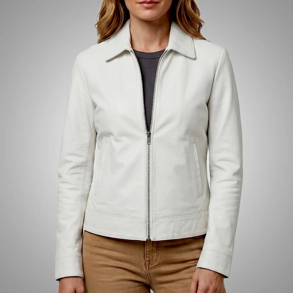 Women's white lambskin leather jacket with a long point collar, crafted by CJ, shown on a model in a close-up front view.