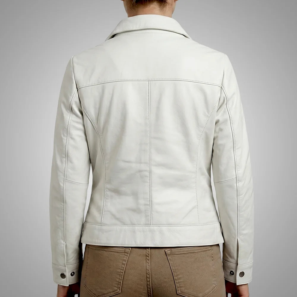 Women’s white lambskin leather jacket with a long point collar by CJ, stylish and smooth, shown on a model.