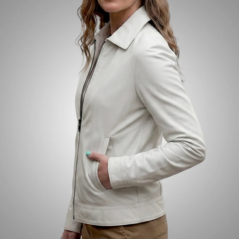 Women's white lambskin leather jacket with a long point collar, stylish and luxurious CJ lambskin outerwear for women.