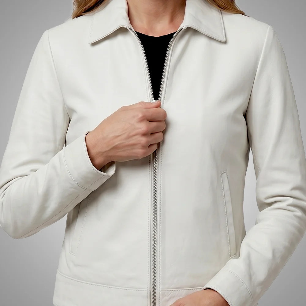 Women's white lambskin leather jacket with long point collar, stylish and luxurious CJ brand outerwear for women.