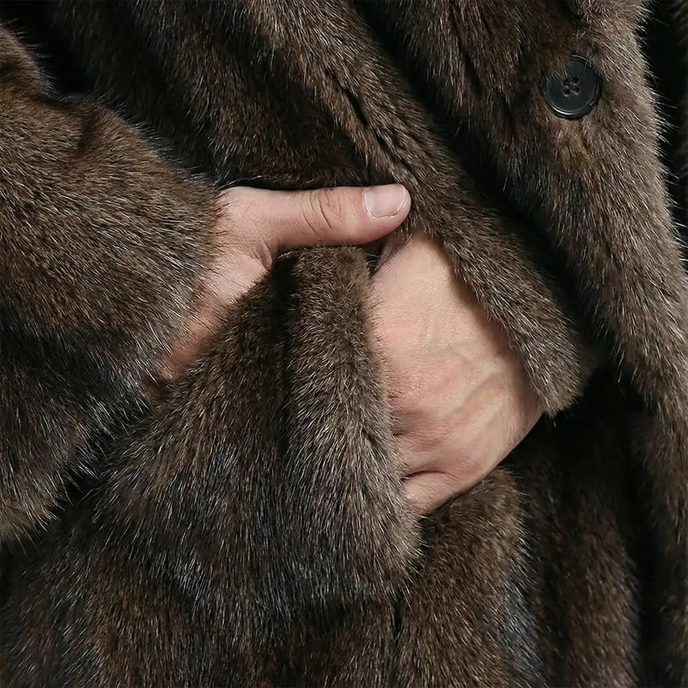 Men’s Long Faux Fur Trench Coat, Luxury Lapel Overcoat