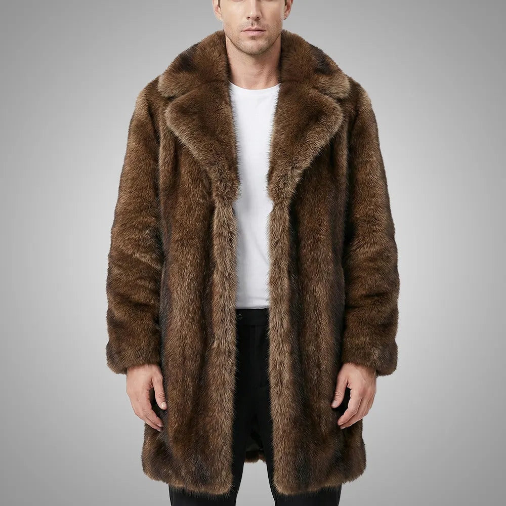 Men’s Long Faux Fur Trench Coat, Luxury Lapel Overcoat