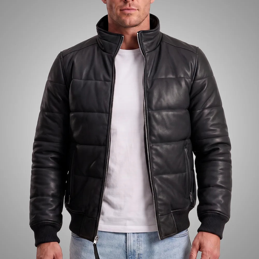 Men's Sheepskin Leather Puffer Bomber Jacket | Black