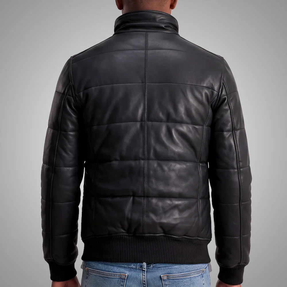 Men's Sheepskin Leather Puffer Bomber Jacket | Black