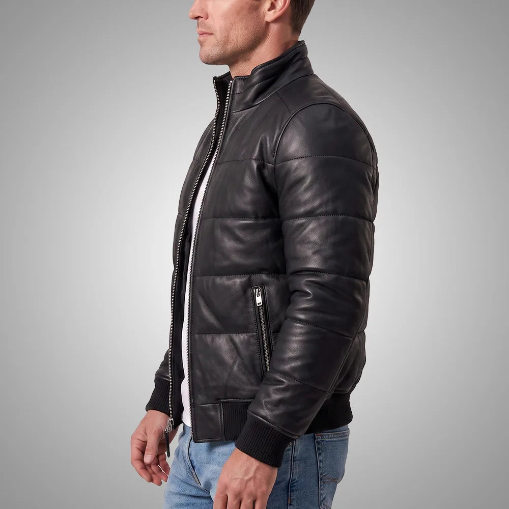 Men's Sheepskin Leather Puffer Bomber Jacket | Black