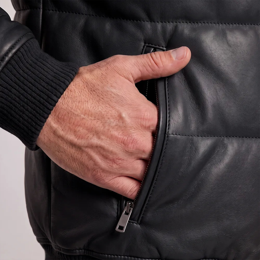 Men's Sheepskin Leather Puffer Bomber Jacket | Black