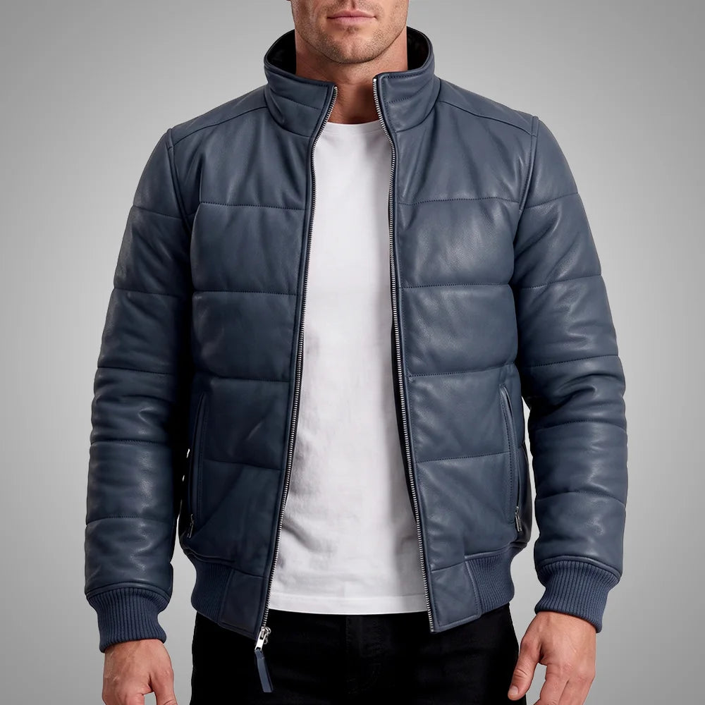 Men's Sheepskin Leather Puffer Bomber Jacket | Blue
