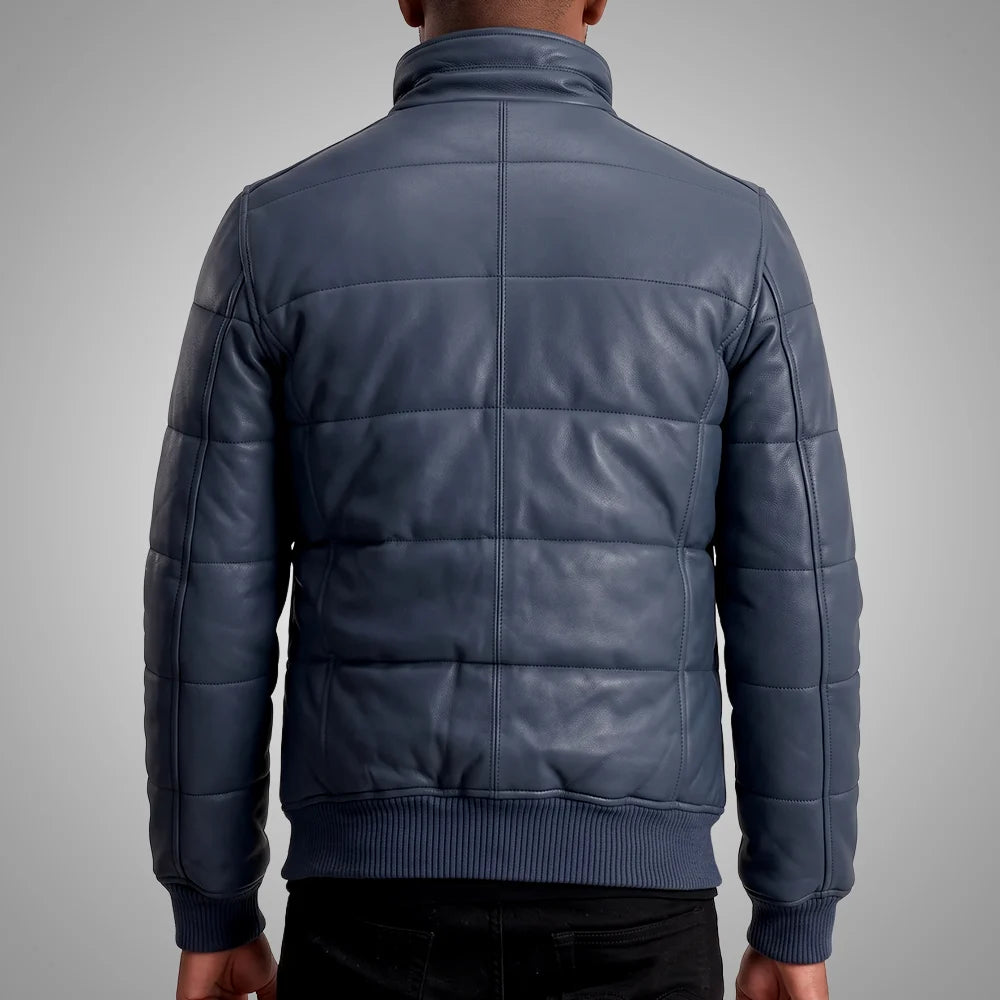 Men's Sheepskin Leather Puffer Bomber Jacket | Blue